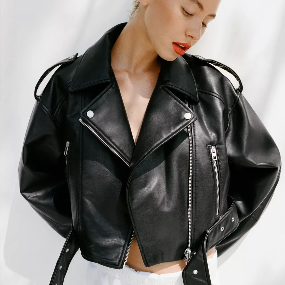 Zara Black Faux Leather-Crop Biker Jacket